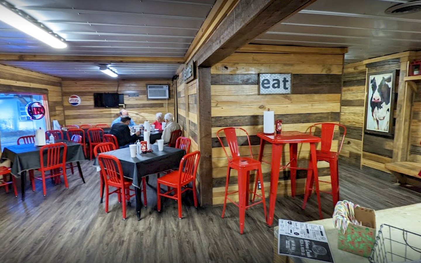 interior, northern view, inside restaurant with cypress wood walls and floors, very clean