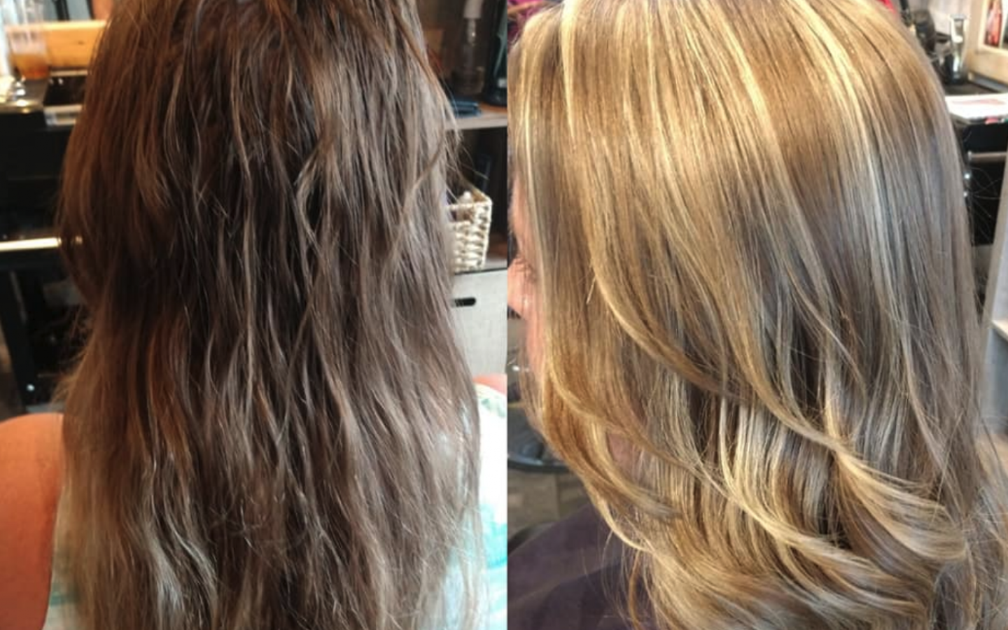 before and after of a photo; darker to lighter color hair with new waves