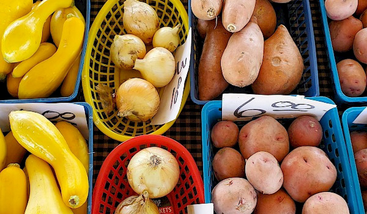 baskets of potatoes, onions and yellow squash on a table at a farmers market