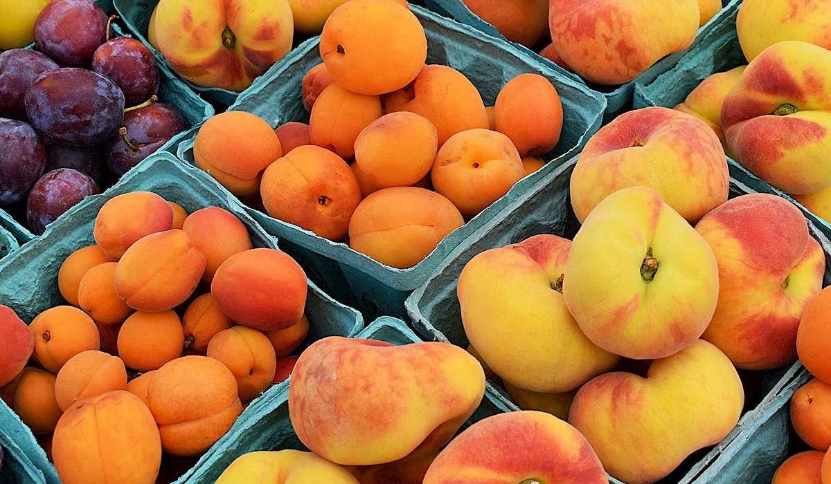 peaches, plumbs, tangerines, pears in baskets