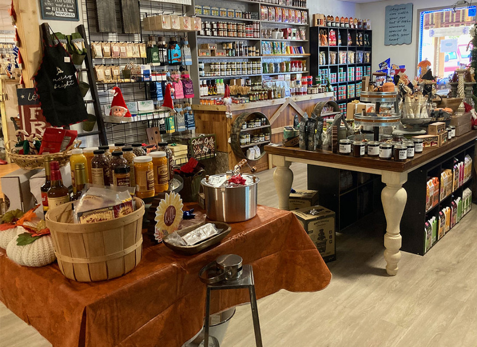 coffee, jellies, nuts, and other items for sale in the store