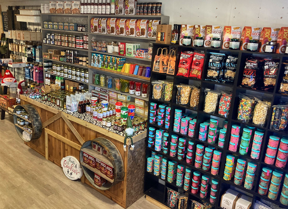 coffee, jellies, nuts, and other items for sale in the store