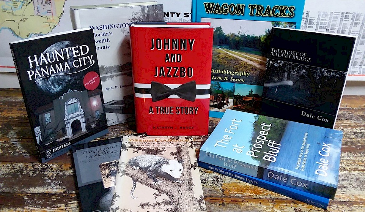 Multiple local author books arranged on a wooden table with Washington County map as the backdrop