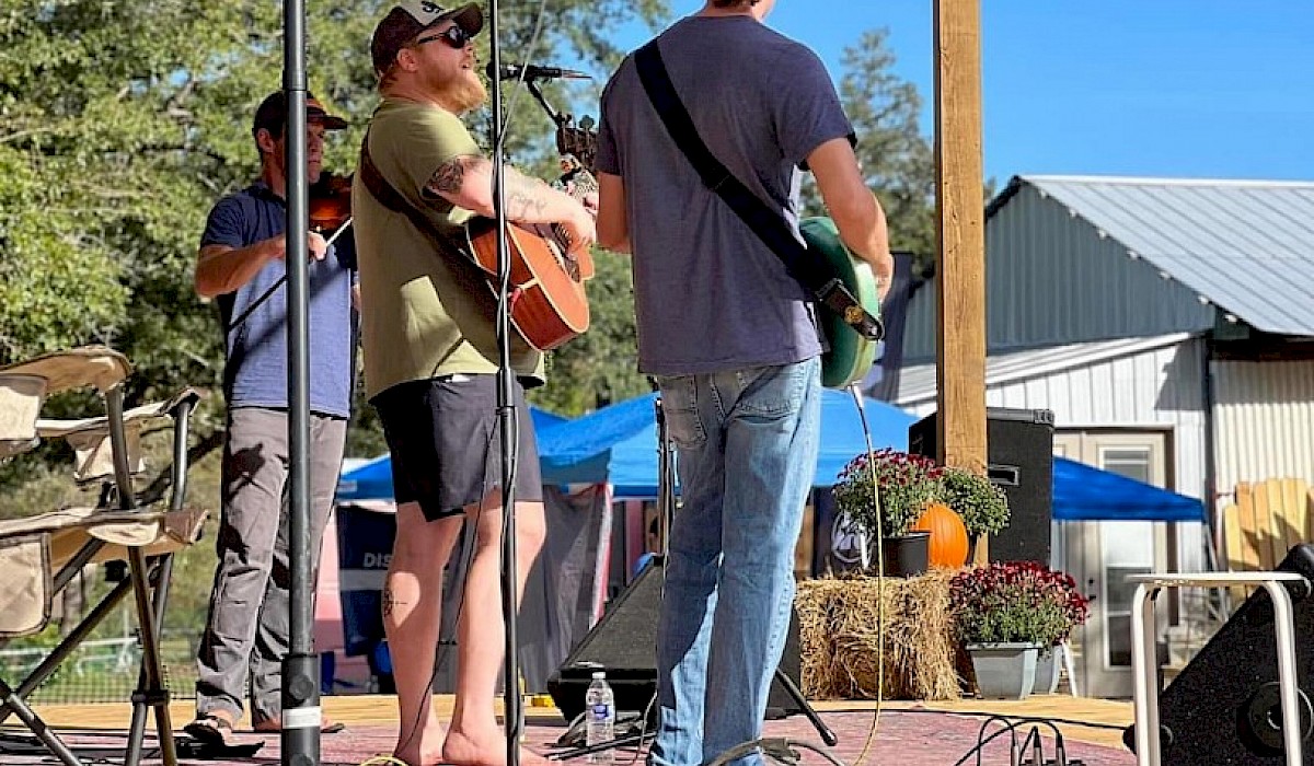a band playing on a wooden stage to a crowd of people sitting in lawn chairs