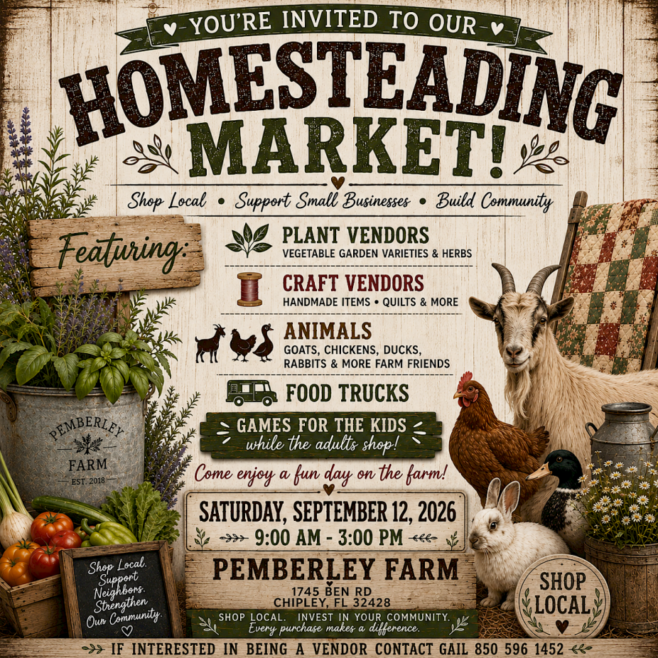 Homesteading animals, crafts and plants displayed on a wood background
